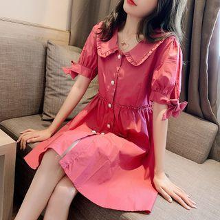 Short-sleeve Embellished Frill Trim A-line Mini Shirtdress