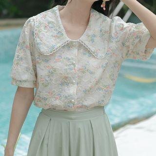 Short-sleeve Floral Lace Shirt Blue - One Size