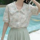 Short-sleeve Floral Lace Shirt Blue - One Size