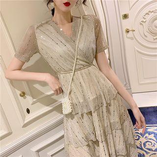 Glitter V-neck Chiffon Layered Dress Champagne - One Size