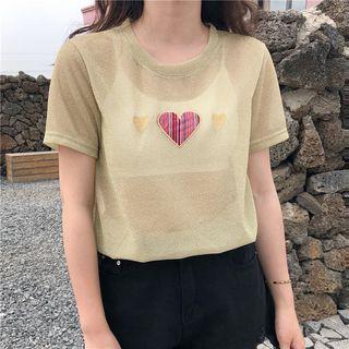 Heart Applique Shimmery Short-sleeve T-shirt