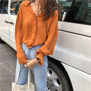 Long-sleeve V-neck Plain Loose-fit Blouse
