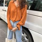 Long-sleeve V-neck Plain Loose-fit Blouse