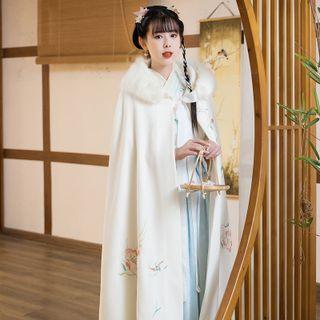 Fluffy Trim Flower Embroidered Cape Off-white - One Size