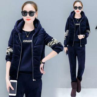 Set: Embroidered Pullover + Sweatpants + Hooded Puffer Vest