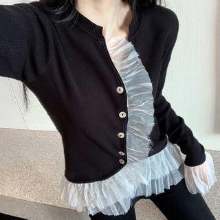 Long-sleeve Button Mesh Ruffle Knit Top Black - One Size