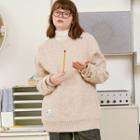[r:lol] Couple Letter-patched Rib-knit Sweater Oatmeal - One Size