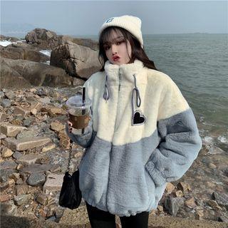 Heart Patch Two-tone Fluffy Zip Jacket