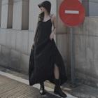Crinkled Spaghetti Strap Split Midi Dress Black - One Size