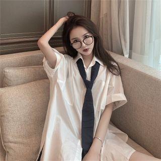 Neck Tie Short-sleeve Shirt With Necktie - White - One Size