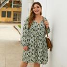 Long-sleeve Printed Buttoned Shift Dress