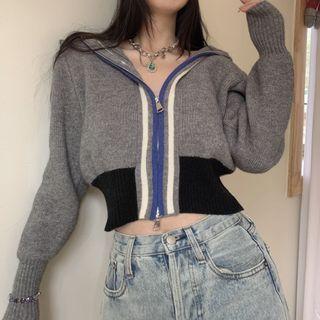 Contrast Trim Hooded Zip-up Cropped Cardigan