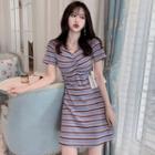 Striped Short-sleeve Buttoned Ribbed A-line Dress