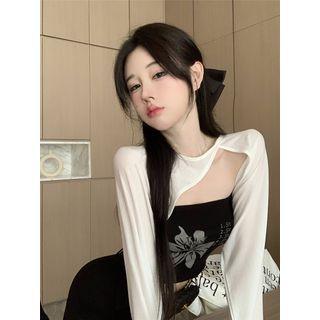 Set: Long-sleeve Asymmetrical Crop Top + Flower Print Tube Top