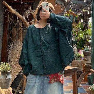 Long-sleeve Linen Blouse Dark Green - One Size