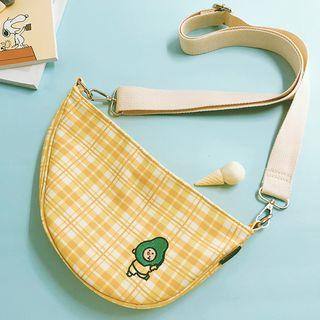 Cartoon Embroidered Plaid Canvas Crossbody Bag