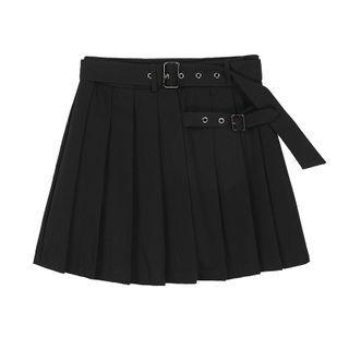 Pleated Plain Mini Skirt With Belt