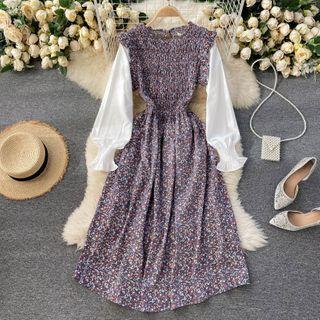Mock Two-piece Long-sleeve Shirred Floral Print Midi A-line Dress
