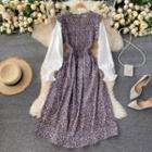 Mock Two-piece Long-sleeve Shirred Floral Print Midi A-line Dress