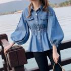 Balloon-sleeve Gathered Waist Denim Shirt