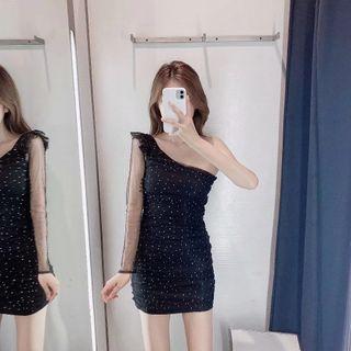 Glitter One-shoulder Mesh Sleeve Mini Sheath Dress