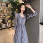 Ruffle Trim Button Midi A-line Dress