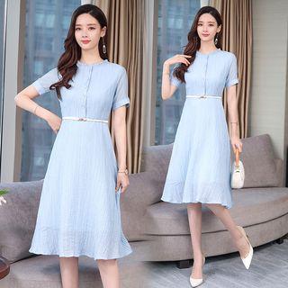 Short-sleeve Frill Trim Crinkled A-line Dress