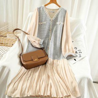 Long-sleeve Buttoned Tweed Panel A-line Midi Dress
