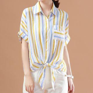 Short-sleeve Stripe Tie-waist Blouse