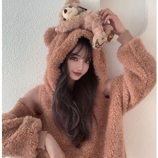 Ears-accent Off-shoulder Loose-fit Fleece Hoodie