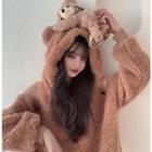 Ears-accent Off-shoulder Loose-fit Fleece Hoodie