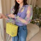 Long-sleeve Argyle See-through Blouse / Flower-accent Knit Vest