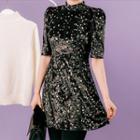 Short-sleeve Patterned Velvet Mini Dress