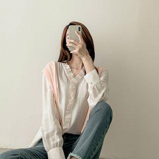 V-neck Frilled-trim Shirred Blouse