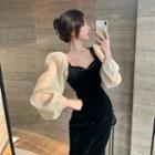Lantern-sleeve Two-tone Midi Sheath Dress