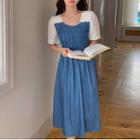 Short-sleeve Two-tone Denim Midi A-line Dress
