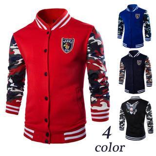 Camouflage Print Sleeve Embroidered Baseball Jacket