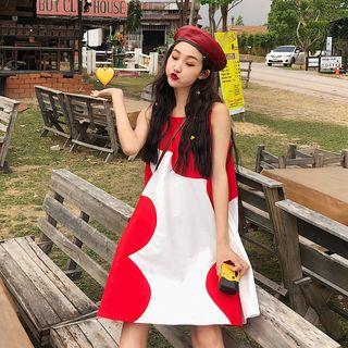 Color-block Sleeveless A-line Dress Red - One Size
