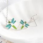 Set: Alloy Dragonfly Pendant Necklace + Earring 01 - Set Of 3 - Silver - One Size