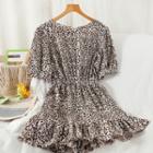 Elbow-sleeve Leopard Print Romper