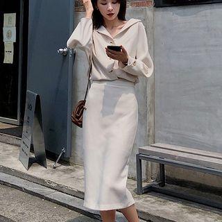 Long-sleeve Shirt / Midi Fitted Skirt