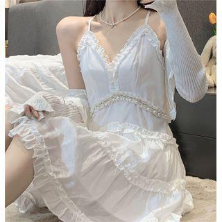 Spaghetti Strap Ruffle Mini A-line Dress White - One Size