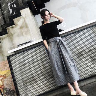Set: Plain Elbow-sleeve T-shirt + Striped Midi A-line Skirt