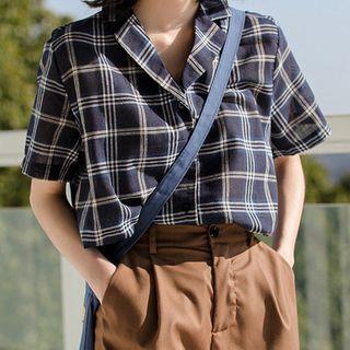 Short-sleeve Plaid Shirt Plaid - Blue - One Size
