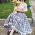 Plaid High-waist Midi A-line Skirt Plaid - Blue & White - One Size