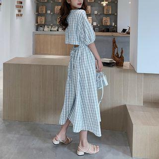 Checked Cutout Back Elbow-sleeve Midi A-line Dress