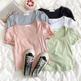 Puff-sleeve Square-neck Plain Cropped Top