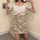 Puff-sleeve Frill Trim Crop Top / Fitted Floral Print Mini Skirt