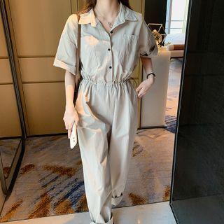 Short-sleeve Shirt Jumpsuit Almond - One Size