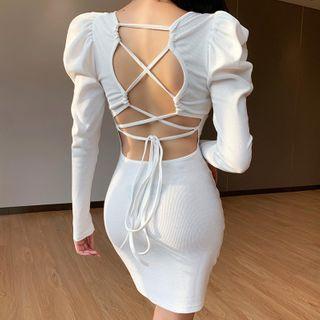 Puff-sleeve Strappy Back Sheath Dress